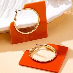 NEW! Geometric Orange and Gold Large Hoop Post Earrings